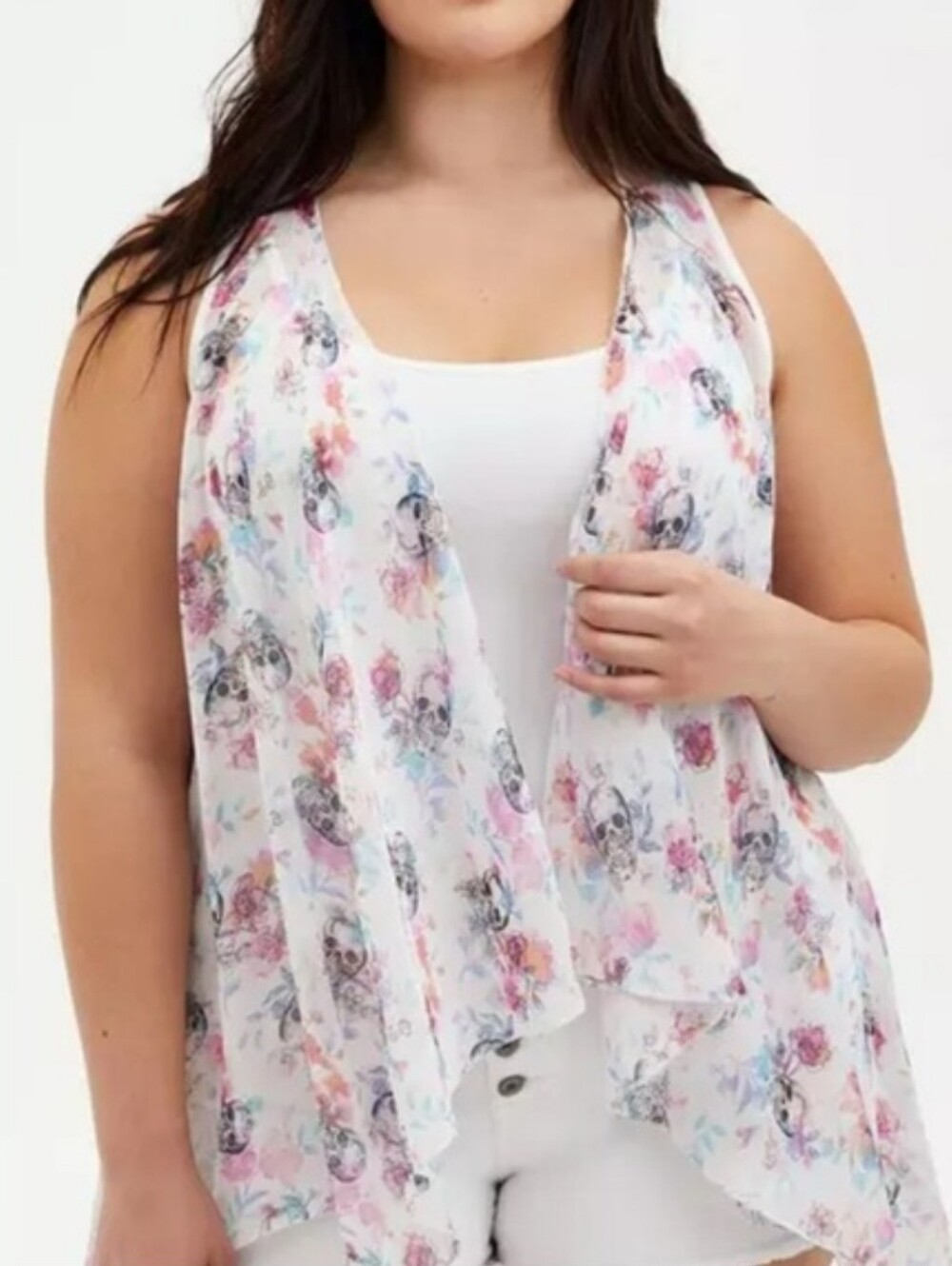 Torrid Chiffon Lace Floral Skull Vest pastel plus size open front cute size 6x
